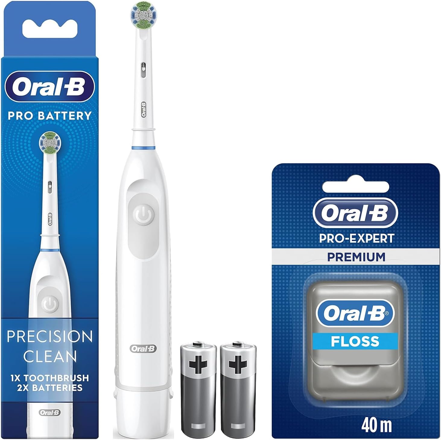 Dental Care Kit – Oral-B Pro Battery Precision Clean Electric Toothbrush Pack, Oral-B Pro-Expert Dental Floss Premium 40m Cool Mint, Value Pack
